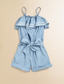 A nautical-inspired, lightweight denim romper features a pretty ruffled neckline, a belted sash at the waist and a cuffed hem.Straight elasticized neckline with ruffled trimSpaghetti strapsPull-on styleSmocked waistFront inseam pocketsBack welt pocketsCuffed hemCottonMachine washImported