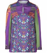 Blossom into new season sophistication in Etros bright tunic-style silk blouse, detailed in modern optical floral patterning for eye-catching, artful results - Short stand-up collar, key-hole cut-out at throat, long sleeves, side slits - Tailored straight silhouette - Pair with slim capris and just as bright accessories