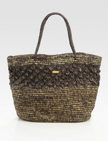 Two-toned woven grass design with palm tree details for a truly tropical look. Woven grass9W X 13H X 28DSpot cleanImported