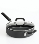 An everyday pan that makes extraordinary meals! Quick searing, superior browning and easy cleanup make this nonstick sauté pan crafted from heavy-gauge, hard anodized aluminum an efficient addition to your kitchen collection. Straight sides maximize the space on the flat cooking surface and the thick bottom prevents scorching, while responding exceptionally well to temperature changes to heat up even faster. Lifetime warranty.