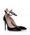 With their flawless black patent leather and sweet rounded toe, Valentinos sensuous stilettos count as an after-hours must - Rounded toe, buckled ankle strap, low-cut sides, stiletto heel - Pair with everything from feminine cocktail dresses to sleek ankle trousers