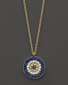 A diamond enhanced evil eye mixes with yellow and blue sapphires on a gold necklace. Matching bracelet sold separately. Designed by Meira T.