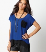 Cobalt chiffon and black stretch jersey combine for a layered look in one great top from Buffalo Jeans. A lace chest pocket adds a girly twist, too! (Clearance)