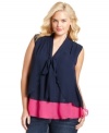 Tie-up a super-cute look with ING's sleeveless plus size top, highlighted by colorblocking.