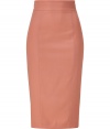 Luxurious pencil skirt in a coral wool blend - A  signature sexy piece from the collection of  LWren Scott, a real highlight - Classic pencil cut with the new, high waistband - The hem ends below the knee - new length - A figure knockout, never have you ever worn a skirt that molds such curves and simultaneously makes you look so totally slim - Perfect even for very tall women - In the office with a blazer and blouse, for evening with a tunic and sandals