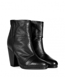 Work a luxe note into your edgy daytime staples with Rag & Bones jet black embossed leather ankle boots - Rounded toe, patchworked patterning, hidden back zip, black stacked leather heel - Ankle height - Team with favorite skinnies, or opaque tights and mini-skirts