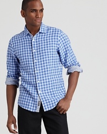 A handsome check shirt with a slim, modern fit is embellished with a contrast check placket--it's all about the details.