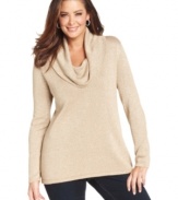 Stay chic in the cold with Jones New York Signature's metallic plus size sweater, finished by a cowl neckline.