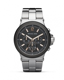 Clock watcher. MICHAEL Michael Kors' gunmetal chronograph watch is this season's must-have accent. With 3-eye design, stick and number indices, sweep second hand and date display. Finished with an stainless bracelet strap.