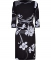 Power florals remain in full bloom, and Leonards Art Deco-inspired black and white printed silk dress elevates the trend to new levels of ladylike luxe - Slim cut, with a waist cinching tie belt - 3/4 sleeves and flattering boatneck - Pencil-style skirt hits at knee - Pair with ballet flats and a light cardigan by day, and style with a cropped leather jacket and strappy sandals by night