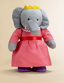 EXCLUSIVELY OURS. Babar's wife, Celeste, is made of soft plush and stands royally tall at 13 in a soft pink dress trimmed with satin ribbon and a white scalloped collar with a purple charm. She proudly wears a golden felt crown and purple shoes detailed with satin ribbon, so she is perfectly dressed to fashionably fulfill her royal duties. 