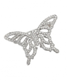 Let yourself be inspired by one of nature's most beautiful creations: the butterfly. Irresistibly sparkly and very easy to wear, this sophisticated silver tone mixed metal brooch gleams in clear Swarovski crystal pavé. Approximate size: 1-3/4 inches.