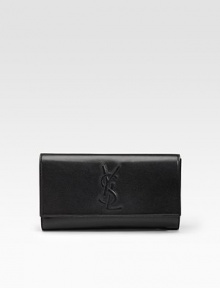 The stitched signature YSL logo highlights the front of this clean, classic leather design.Snap flap closure One inside open pocket Fully lined 11W X 6H X 1D Made in Italy