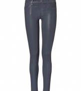 These bold blue coated jeans from J Brand add instant rock n roll edge to your casual-cool basics - Classic five-pocket styling, skinny leg, low-rise, coated cotton with stretch - Form-fitting - Pair with an oversized graphic tee, a leather jacket, and platform heels