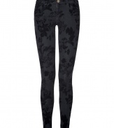 Take a luxe stance on this seasons penchant for printed pants with Current Elliotts tonal velvet floral print jeans - Classic five-pocket style, zip fly, button closure, belt loops - Form-fitting - Pair with chunky knits and flats, or dress up with feminine tops and statement heels