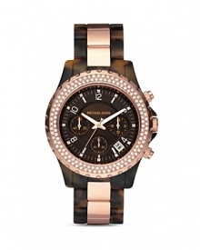 An ultra-stylish timepiece from MICHAEL Michael Kors with crystal-embellished bezel and tortoise and rose gold tone bracelet.