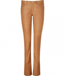 Luxe pant in ultra-supple, tan lambskin - Soft, superb quality material feels incredible and looks just as good - Modern, slim boot cut - Medium rise, with five pockets, belt loops and button closure - Sexy and sophisticated, great for both work and play - Pair with a silk blouse and blazer or a light cashmere cardigan