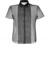 Ultra delicate and equally feminine, Jil Sander Navys sheer silk top is a cool choice for work to cocktails chic - Cutaway collar, short sleeves, pleated button-down front, sheer - Relaxed boxy fit - Team with a lacy camisole and sleek tailored separates for work