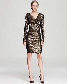 Up your cocktail cachet in this MICHAEL Michael Kors dress, flaunting a cascade of decadent sequins for a fluid, fearless silhouette.