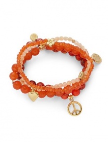 THE LOOKSet of four beaded braceletsPeace and love charmsJasper, jade and carnelian stones22k goldplated vermeil sterling silver charm accentsElastic pull-on styleTHE MEASUREMENTWidth, about 2.5ORIGINMade in USA of imported materials