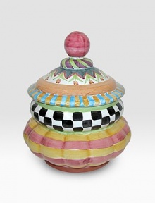 Pure American charm, handcrafted and individually painted by master ceramics artisans in an array of checks, stripes and carnival colors. For an especially one-of-a kind touch, each piece bears the hand-placed stamps of the artisans who created it. Dishwasher- and microwave-safe 24-ounce capacity 9W X 6H Made in USA