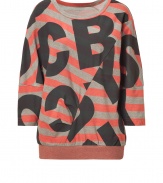 Logo-detailed and ultra-cool, this bold sweatshirt from Marc by Marc Jacobs adds a stylish jolt to your casual look - Round neck, three-quarter sleeves, boxy silhouette, asymmetric seam, allover logo and stripe print, banded hem - Wear with leggings or skinny jeans and embellished ballet flats