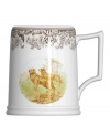 Enjoy the outdoors more. Illustrated with man's best friend and Spode's 1828 British flowers border, the Woodland tankard beer mug offers a brand new way to toast and take in the scenery. Golden retrievers appear on both sides of mug.