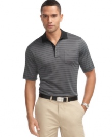 Master your look on the course and off with this striped performance polo from Greg Norman for Tasso Elba.