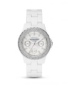 A crystal-encrusted bezel sets this chic white watch to sparkle. From MICHAEL Michael Kors.