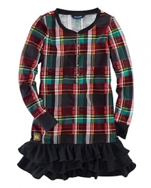 Timeless plaid is transformed into an adorable dress that's embellished with a tiered ruffle skirt.