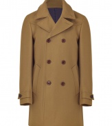 Inject instant sophistication to your new season style with this wool-blend overcoat from PS by Paul Smith - Wide notched lapels, long sleeves with belted cuffs, double-breasted with front button placket, welt pockets, back vent, fitted silhouette - Style with straight leg jeans, a cashmere sweater, and leather ankle boots