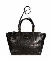 A darling addition to your Downtown look, Marc by Marc Jacobs dot embossed tote is perfect for carrying around your everyday essentials - Textural leather tab with black and gold-toned dotted logo plaque, magnetic snap closure underneath, removable buckled shoulder strap, top zip closure, inside zippered back wall pocket, 2 front wall slot pockets - Wear with a leather jacket, skinnies and ankle boots