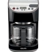 Krups keeps the days of the week straight for you with its dual auto-on feature that wakes the coffee machine up and adjusts to your weekday and weekend sleep schedule so a brew of aromatic coffee, enriched by the high-powered flavor extraction system, is there when you need it most.  This 12-cup is so on top of it that it also has an indicator light that reminds you when a cleaning is necessary. 1-year limited warranty. Model KM4055.