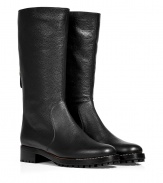 Dont let cold weather foil your stylelook chic and stay warm in these grip sole leather boots from Sergio Rossi - Rounded toe, chunky low heel, mid-shaft length, sturdy grip sole, textured leather, back exposed zip closure - Wear with skinny jeans, a mini-skirt, or leggings