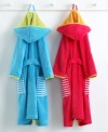 Hooded robes in incredibly soft cotton keep kids toasty warm and extra cute. In bright punch or sky blue with striped pockets. Snap front.