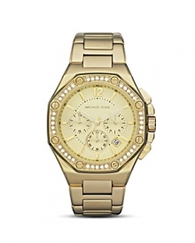 An innovative octagonal, crystal-encrusted bezel lends cutting-edge style to this stunning timepiece from MICHAEL Michael Kors.