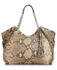 Give your style some instant edge with this sleek python-embossed leather tote from MICHAEL Michael Kors. Chic chain-link and whipstitch detail offer eye-catching appeal, while the generous interior is perfectly poised to meet your everyday demands.