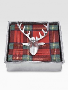 Get into the spirit of the season with this handcrafted cocktail napkin holder, defined by a reindeer paperweight and an organic, naturally shaped rim. Napkins not includedRecycled aluminum5¾W X 1½H X 5¾LHand washImported