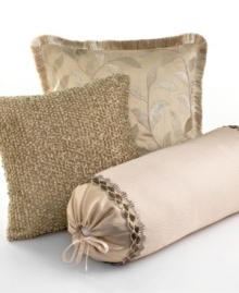 An embroidered leaf pattern in metallic gold adorns this decorative pillow from Martha Stewart Collection for a relaxed and elegant appeal. Finished with metallic moss fringe. Zipper closure.