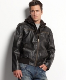 Get classic cool-weather style in this hot faux-leather bomber jacket with removable hood from Guess.