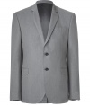 Elegant blazer in fine wool and silk - by Italian trend label Costume National - noble light grey melange, always cool, always formal - modern slim cut - great fit due to slight waist fitting - slim moderate long revers, two hidden pockets, one breast pocket - the two-button front creates an especially beautiful and slender silhouette - luxurious silk lining - very comfortable, very light - ideal for spring and summer - a luxurious classic for life - perfect for many occasions, from casual to festive - styling: casual with jeans, classci with matching pants