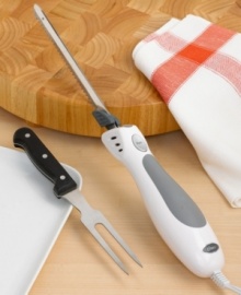 Harness the power to cut through the toughest meat with one easy stroke. This electric knife makes beautiful, even slices every time, using two interchangeable blades to make cutting, carving and slicing an absolute pleasure. Use one blade to glide through meat and another to slice through even the softest bread. Fork not included. One-year limited warranty. Model 2803.