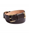 Pull together your look with a sophisticated polish and wrap around Salvatore Ferragamos dark brown double-buckle calfskin belt - Double buckle closures, gold-toned hardware - A contemporary finish to casual jeans and dressy sheaths alike