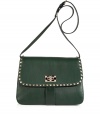 Dainty, dark green leather handbag with edgy, decorative studs is an updated classic - Features a long shoulder strap, flap closure and thin, box shape - Excellent choice to carry during the day or evening