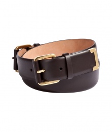 Pull together your look with a sophisticated polish and wrap around Salvatore Ferragamos dark brown double-buckle calfskin belt - Double buckle closures, gold-toned hardware - A contemporary finish to casual jeans and dressy sheaths alike