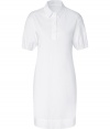 With its timeless classic styling and streamlined look, Jil Sander Navys white stretch cotton shirtdress is a work and weekend essential staple - Classic collar, gathered short sleeves, elasticized cuffs, partial button placket, slit sides - Loosely tailored fit - Wear with chic flats and an oversized leather tote