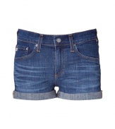 Stylish shorts in fine, blue cotton blend - Soft, medium weight denim in a whiskered, antique rinse - Curve-hugging, medium low rise cuffed boyfriend cut sits comfortably at hips - Classic five-pocket style with large belt loops, zip fly and button closure - A casually cool must in any summer wardrobe - Pair with tunics, t-shirts or silk tops and wedges or leather flats