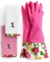 Full of life, Rose Bud Kiss kitchen towels feature a bold shade of magenta with a pretty floral applique and frilly edge in machine washable cotton. From Homewear.