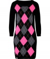 Work a preppy edge into you workweek favorites with Juicy Coutures colorful argyle sweater dress - Ballet neckline, 3/4 sleeves, ribbed trim, side slit, logo charm at hemline - Form-fitting - Team with opaque tights and flawless flats for work