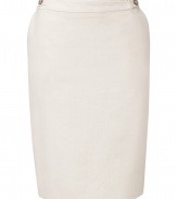 Elegant skirt in fine, ivory linen and cotton blend - Classic, curve-hugging pencil cut hits just above the knee - Belt loops and decorative button embellishment at waist - Side pockets and zip closure - Kick pleat and welt pocket at rear - Pair with a button down, dressy tank or short sleeve sweater and flat sandals, wedges or peep toe pumps